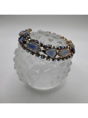 Vintage AB Rhinestone Bracelet Blue Opaline Glass Cabochon Gold Tone Size 7